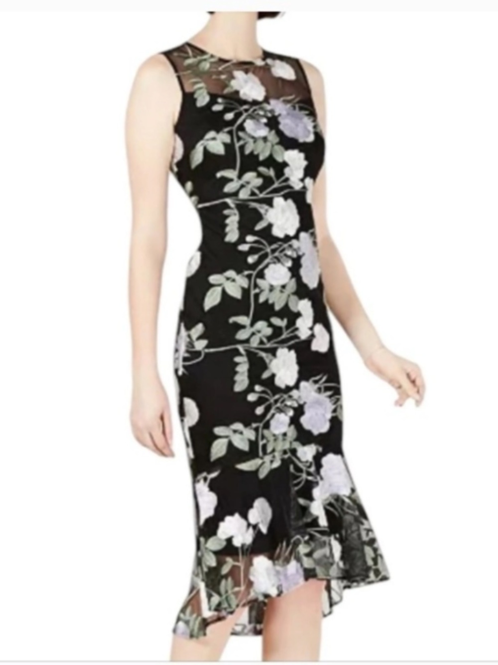 Calvin Klein Illusion Embroidered Floral Mesh Sheath Flounce Dress NWT